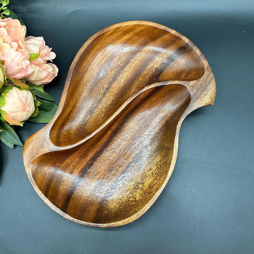 Mid-Century Modern Dolphin Monkey Pod Divided Bowl